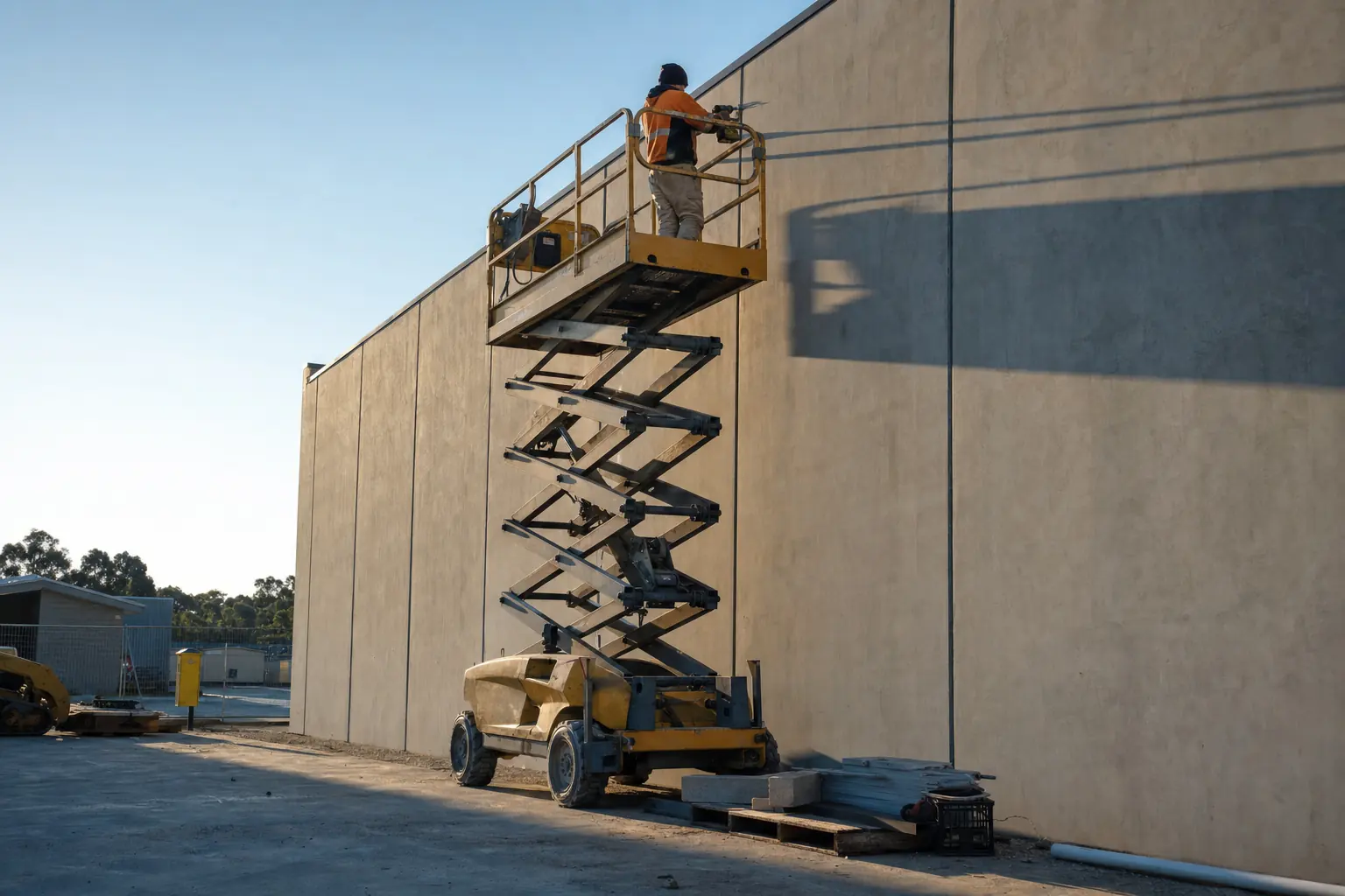 Scissor lift raised against a tilt-panel wall on a Perth commercial site