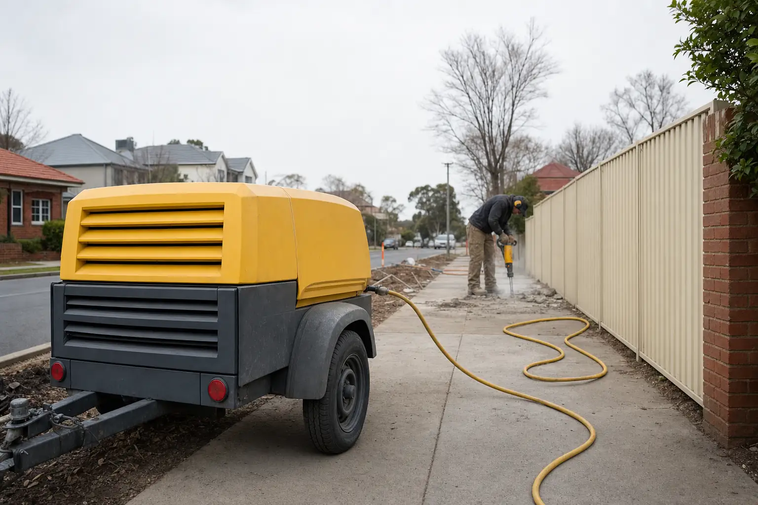 Towable diesel air compressor running a jackhammer on a Perth footpath