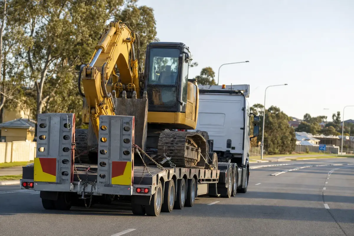 Komatsu excavator being loaded onto a float trailer for transport to a Perth plant hire job