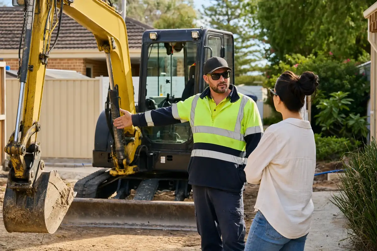 Komatsu excavator operator running wet hire earthworks on a Perth residential site