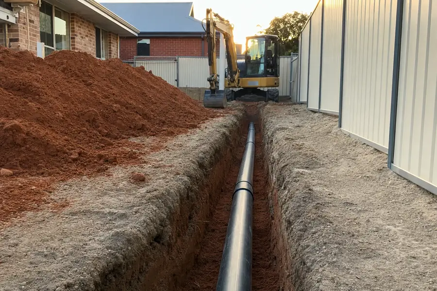 Komatsu excavator digging a drainage trench on a Perth residential site