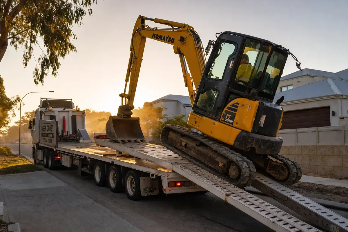 Komatsu excavator being delivered on a plant trailer to a Perth site behind the dry hire inclusions checklist