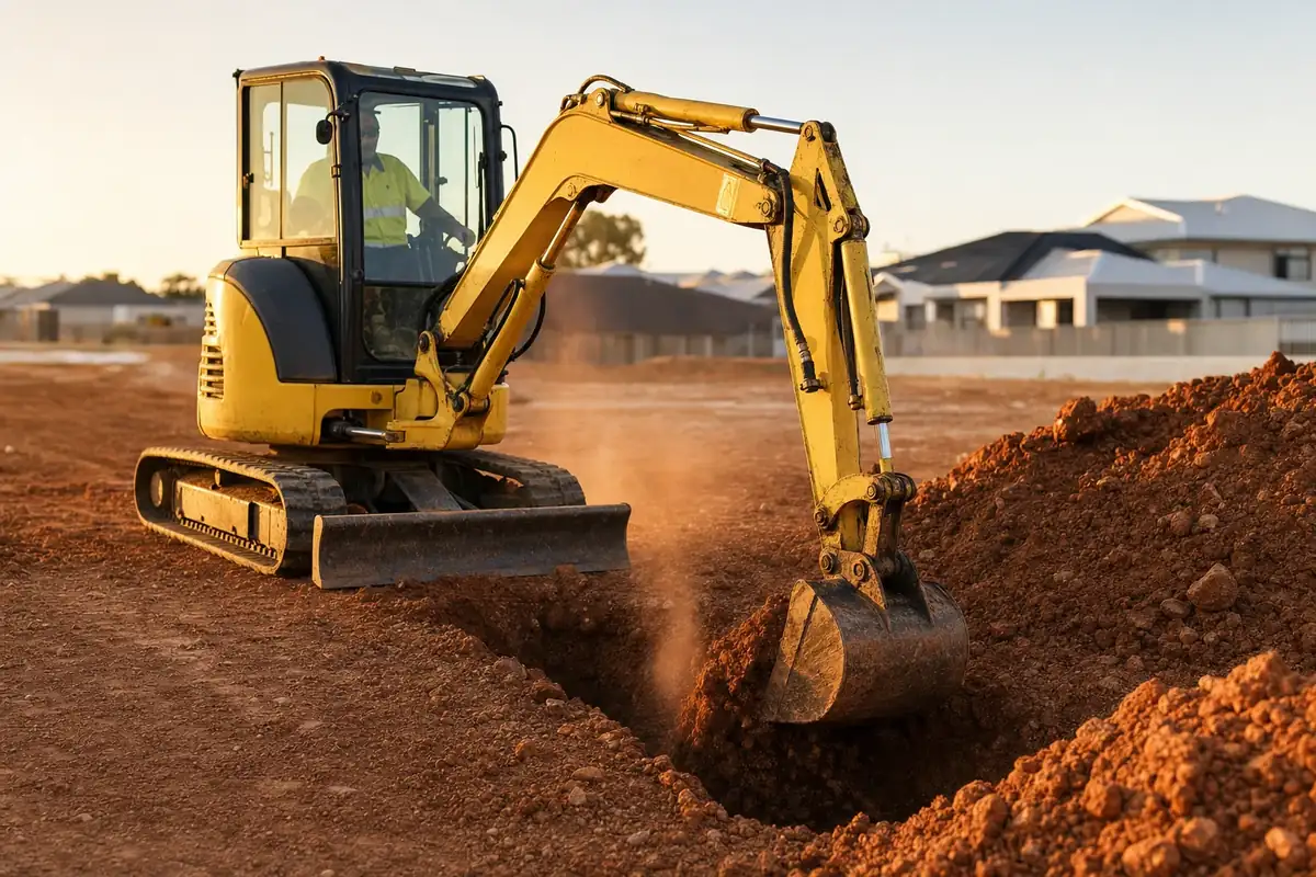 Komatsu excavator mid-dig on a Perth site - dry hire machine run by the hirer's own operator