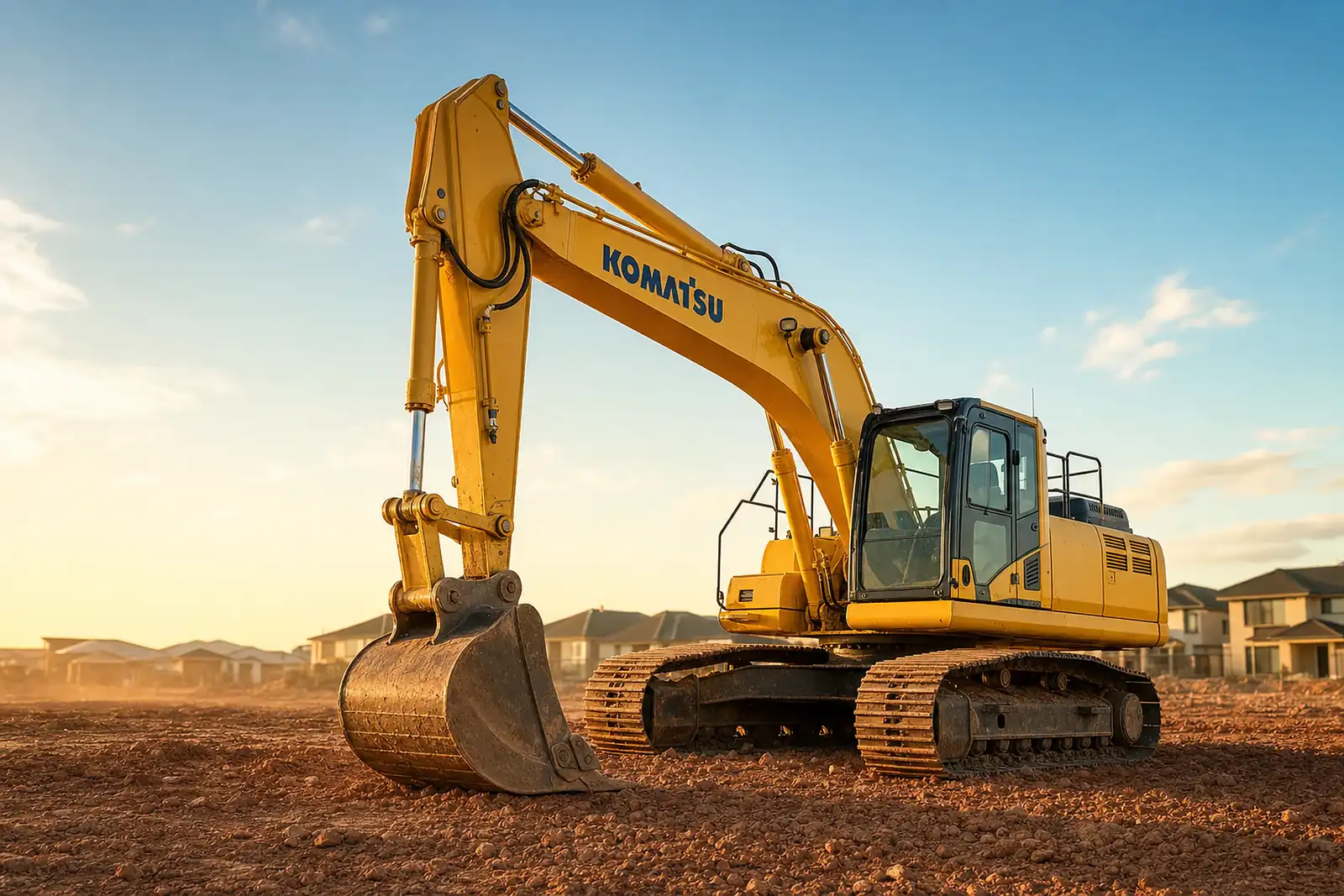 Yellow Komatsu excavator delivered and ready on a Perth block - dry hire, machine only, no operator supplied