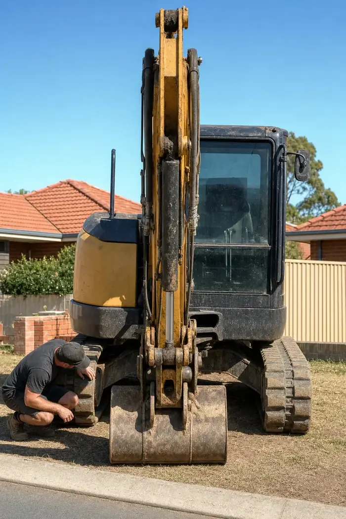 Operator checking over a tracked excavator parked at the edge of a Perth block before it is moved