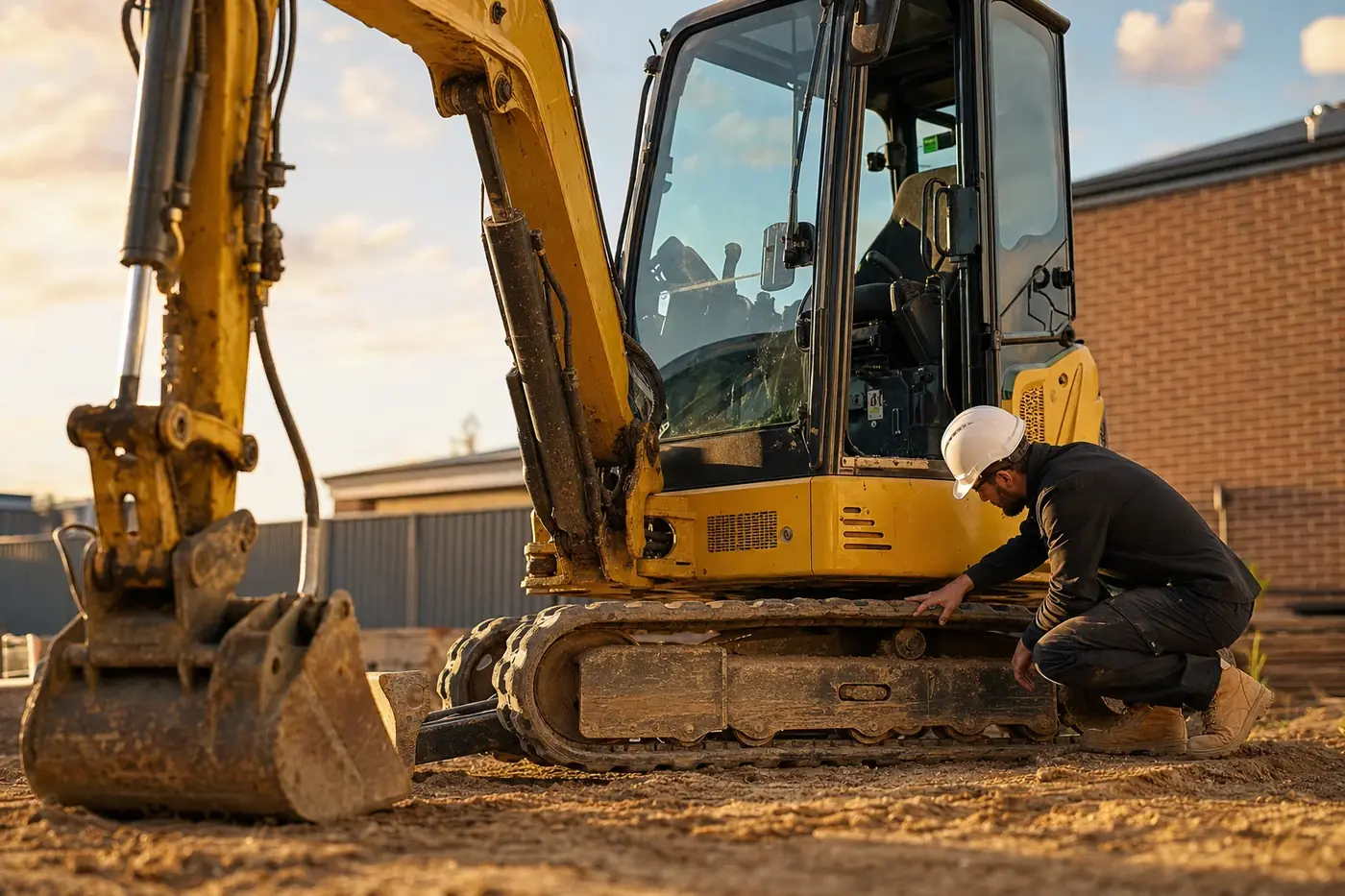 Worker crouched at the track frame checking over a tracked excavator on a Perth building block before it is moved