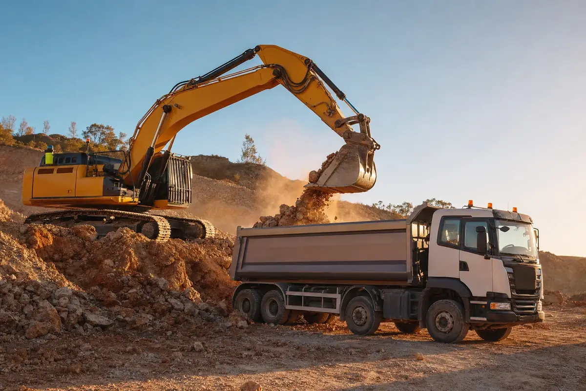 Excavator loading spoil into a tipper truck on an earthworks site in Armadale, Perth