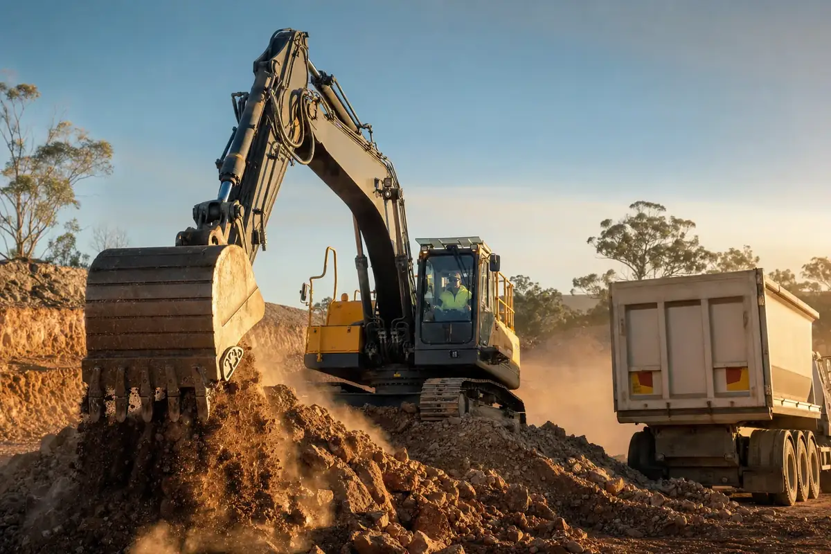 Excavator loading spoil into a tipper truck on an earthworks site in Byford, Perth
