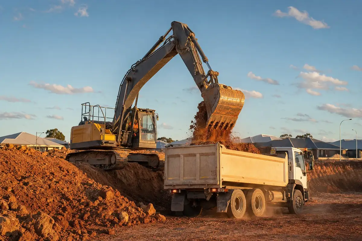 Excavator loading spoil into a tipper truck on an earthworks site in Ellenbrook, Perth