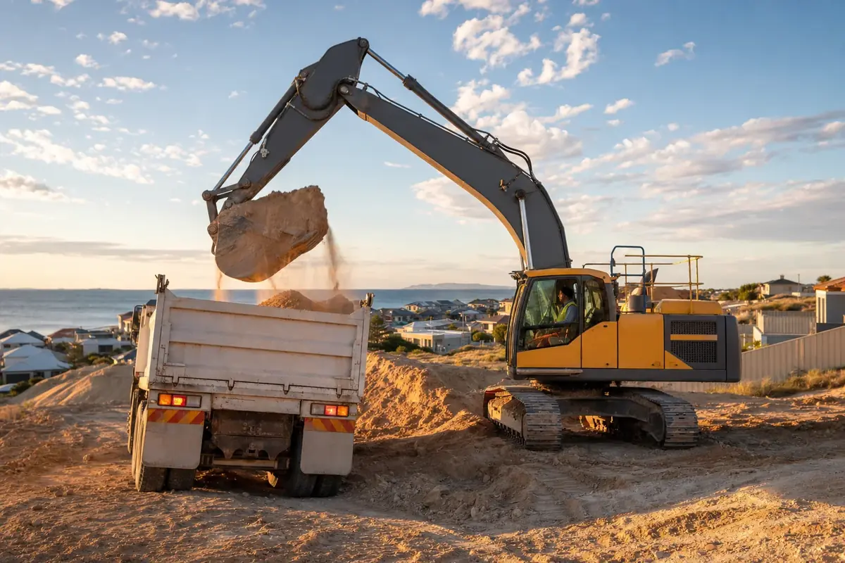 Excavator loading spoil into a tipper truck on an earthworks site in Mandurah, Perth