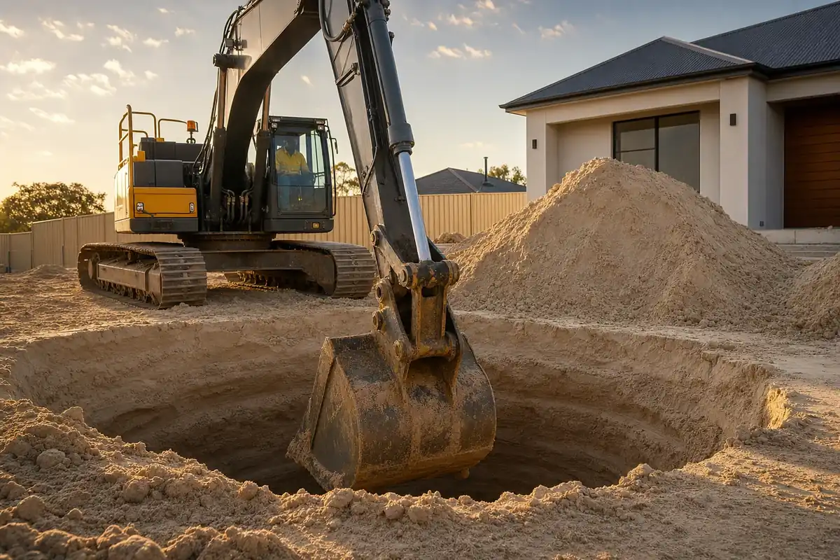 Excavator loading spoil into a tipper truck on an earthworks site in Wanneroo, Perth