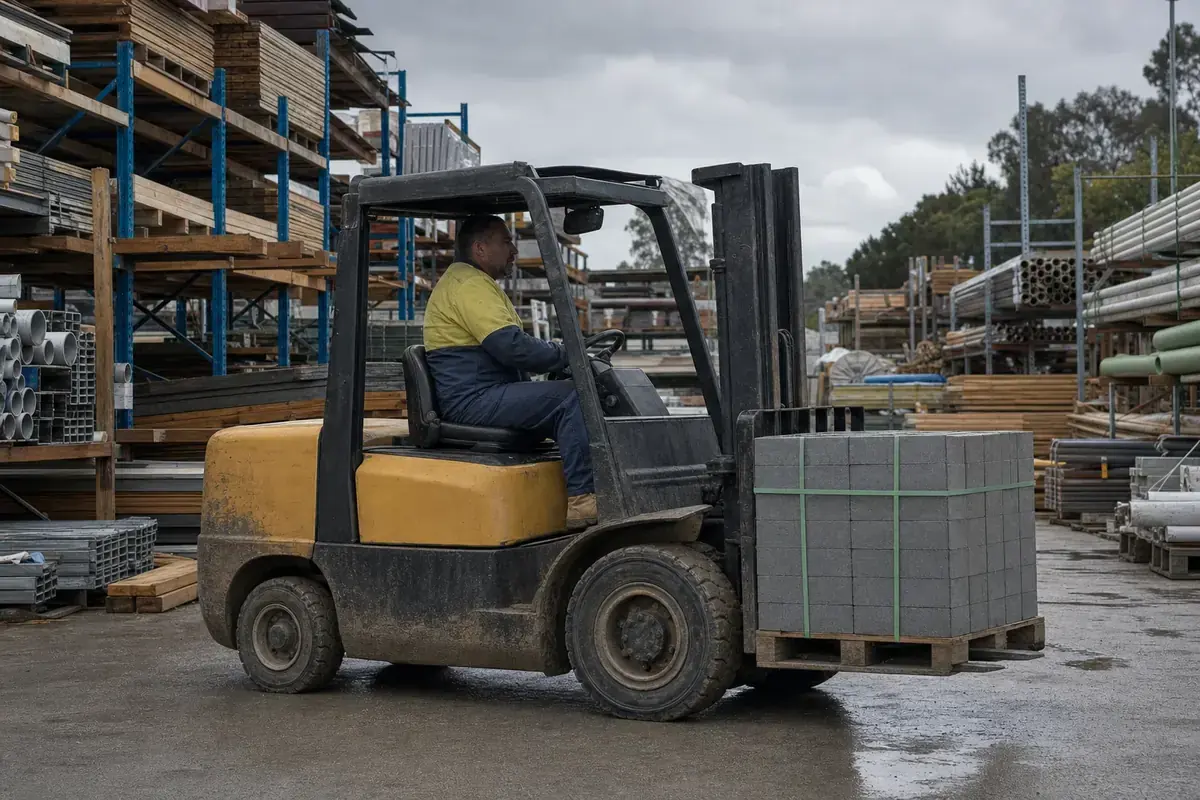 Forklift hire Perth - counterbalance forklift lifting a pallet on a hardstand yard
