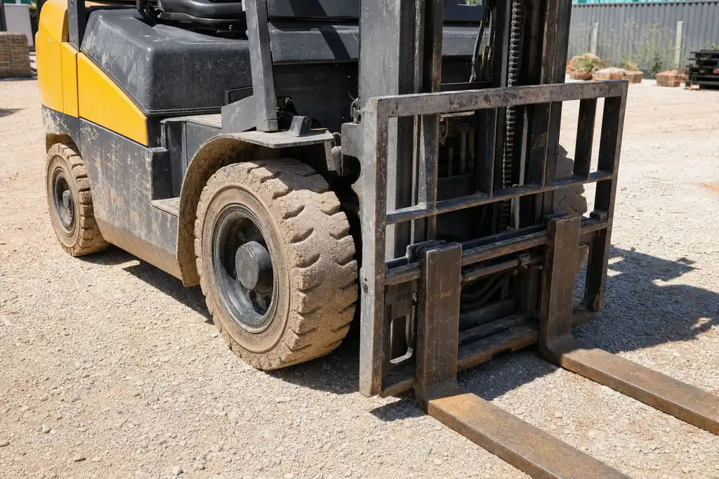 Forklift mast, forks and solid tyres on compacted limestone at a Perth site