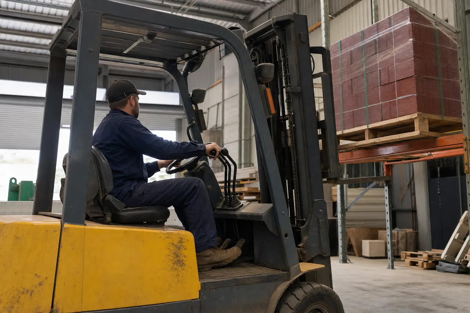 Operator sliding a forklift's forks under a pallet in a Perth light-industrial shed