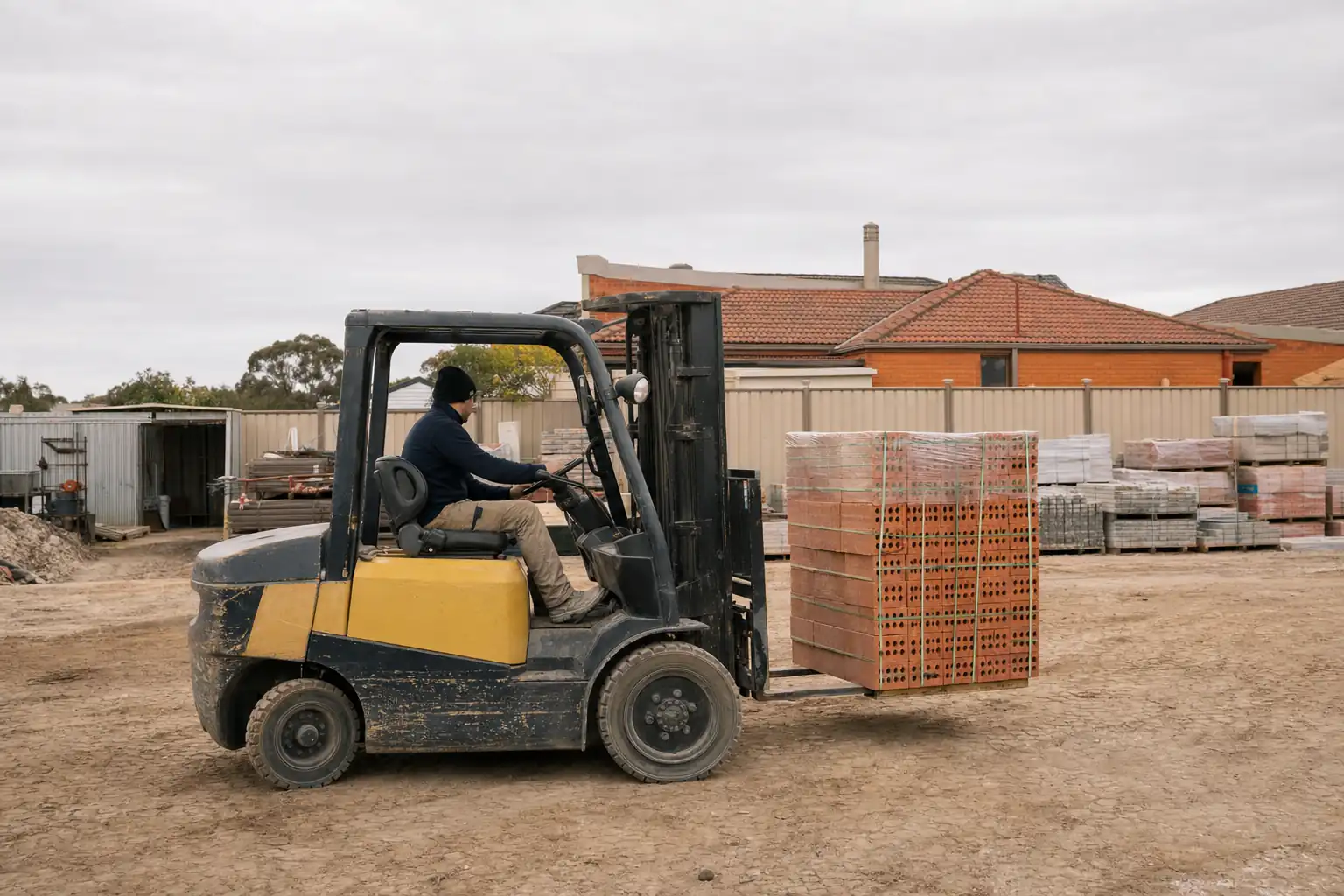 Forklift carrying a pallet of bricks across a Perth builders yard
