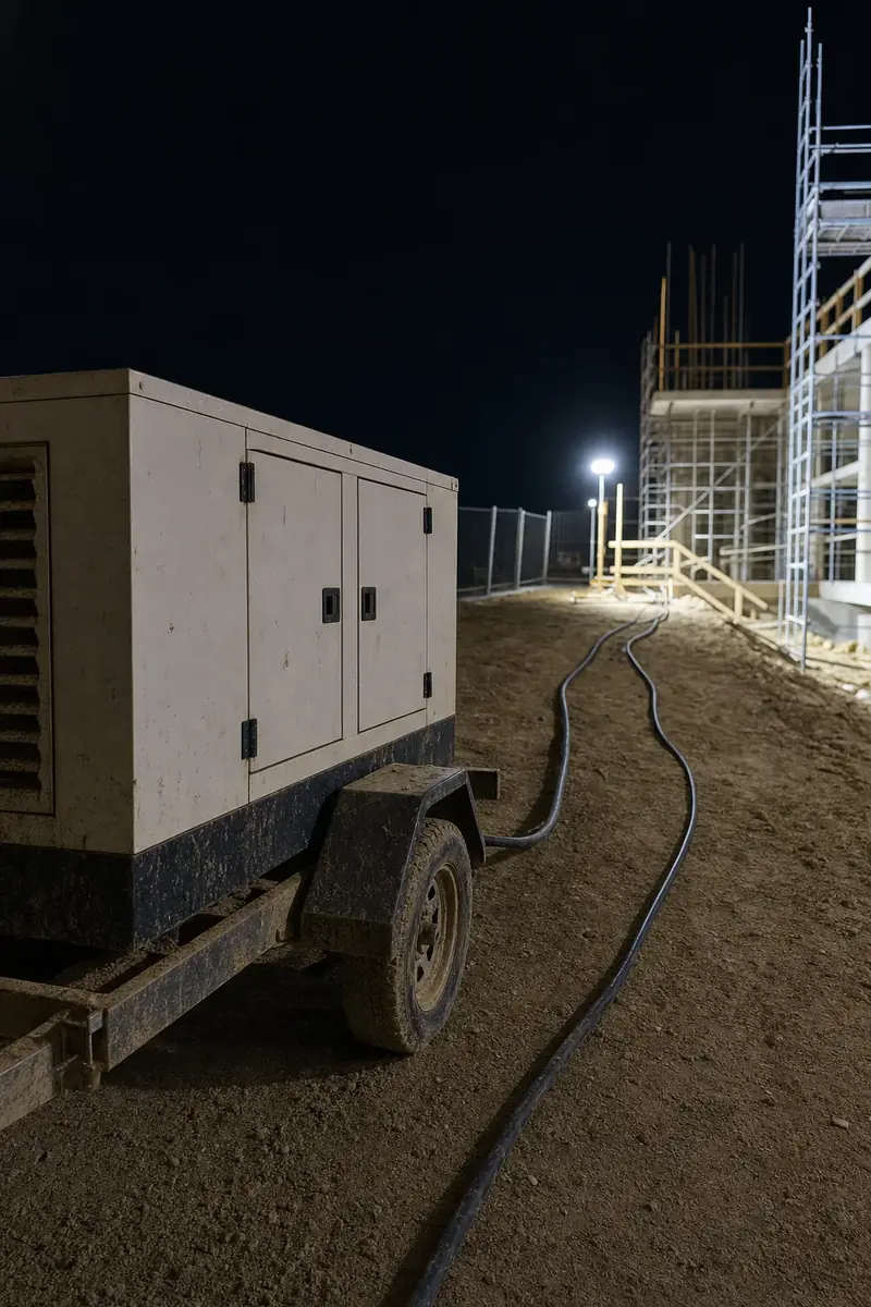 Towable diesel generator running at night on a Perth construction site with cables run out to the works