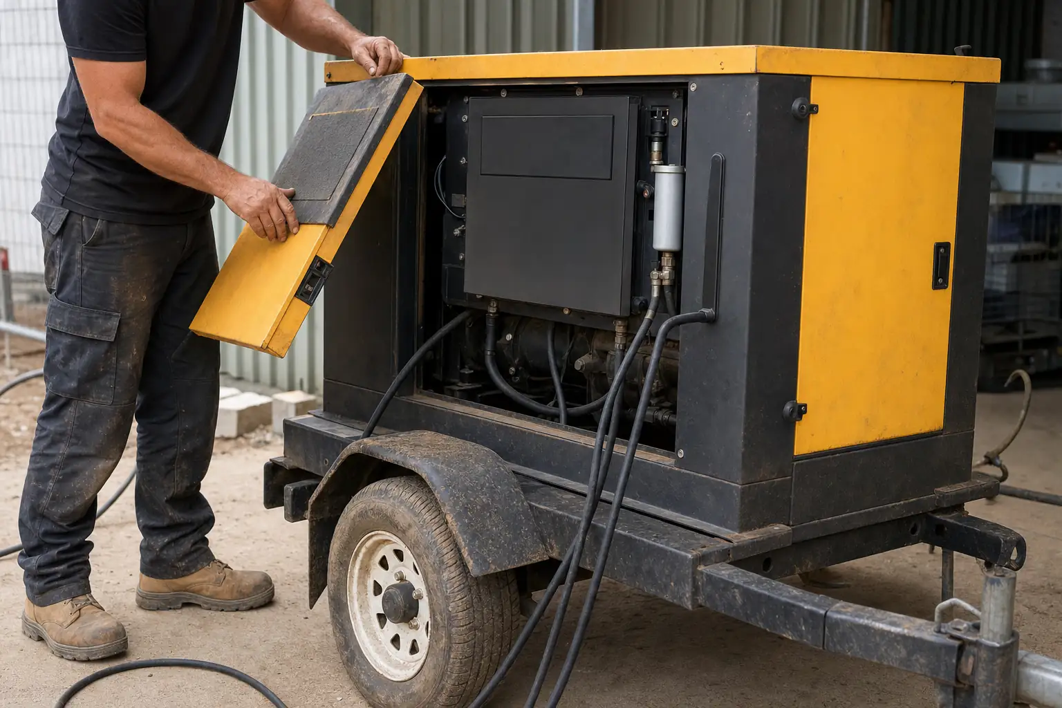 Towable diesel generator with the side panel open and cables run out on a Perth site