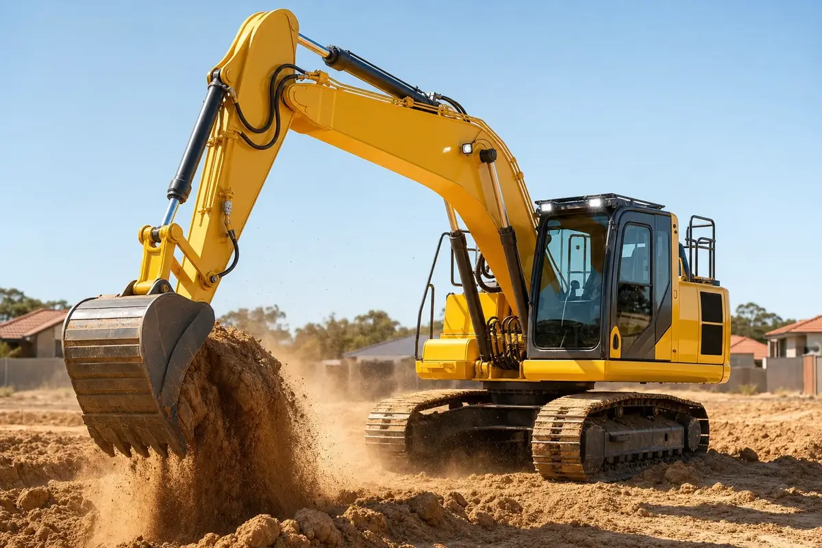 Komatsu excavator working on a Perth residential earthworks site