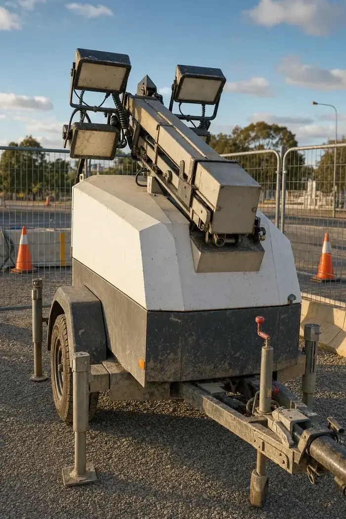 Towable lighting tower with its mast folded down on a Perth road works hardstand