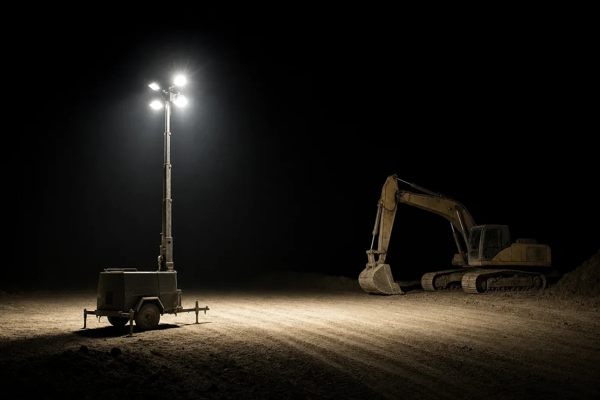 Lighting tower hire Perth - towable lighting tower lit on a worksite at dusk