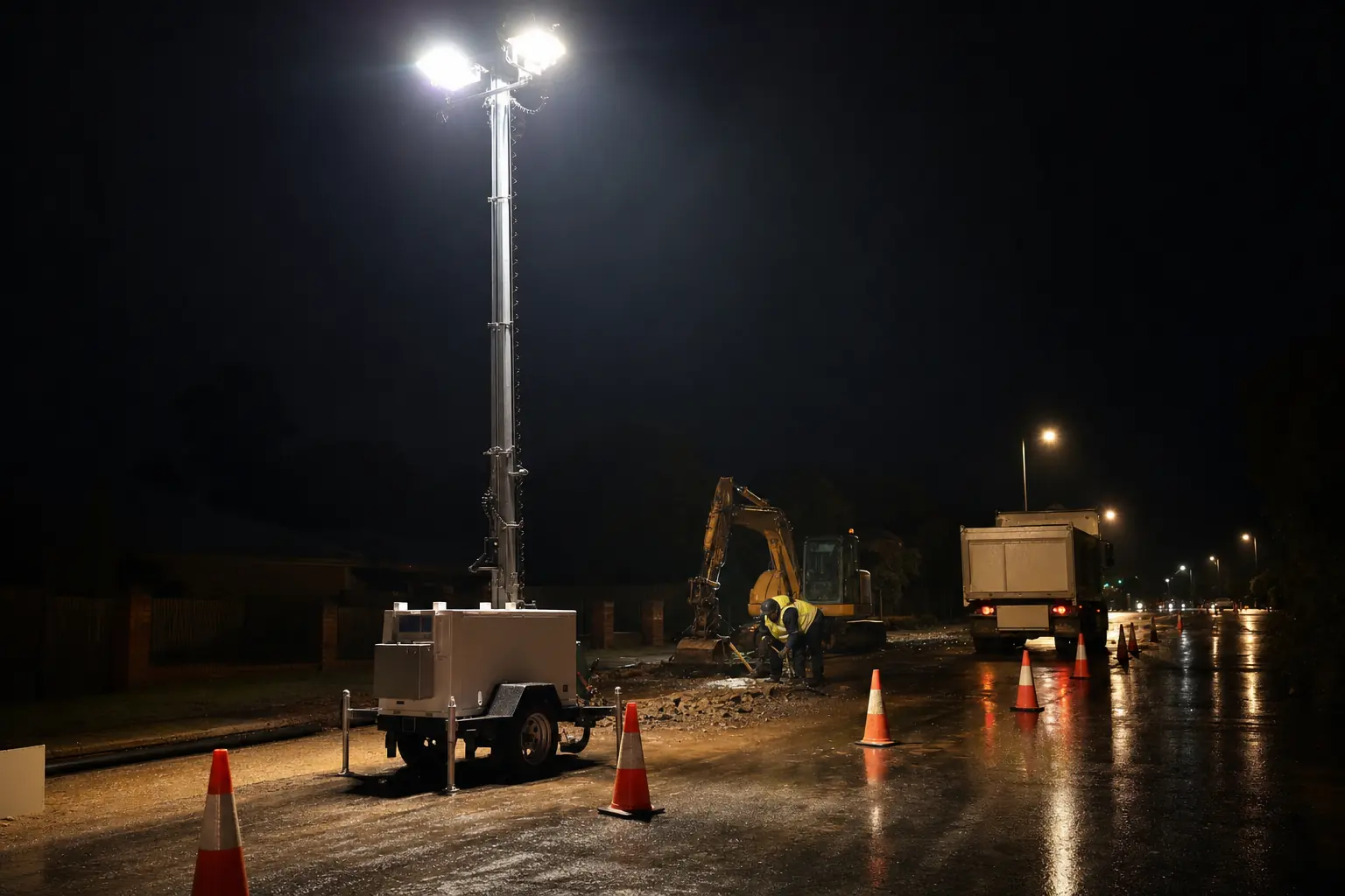 Lighting tower with its mast up lighting a stretch of Perth road works at night