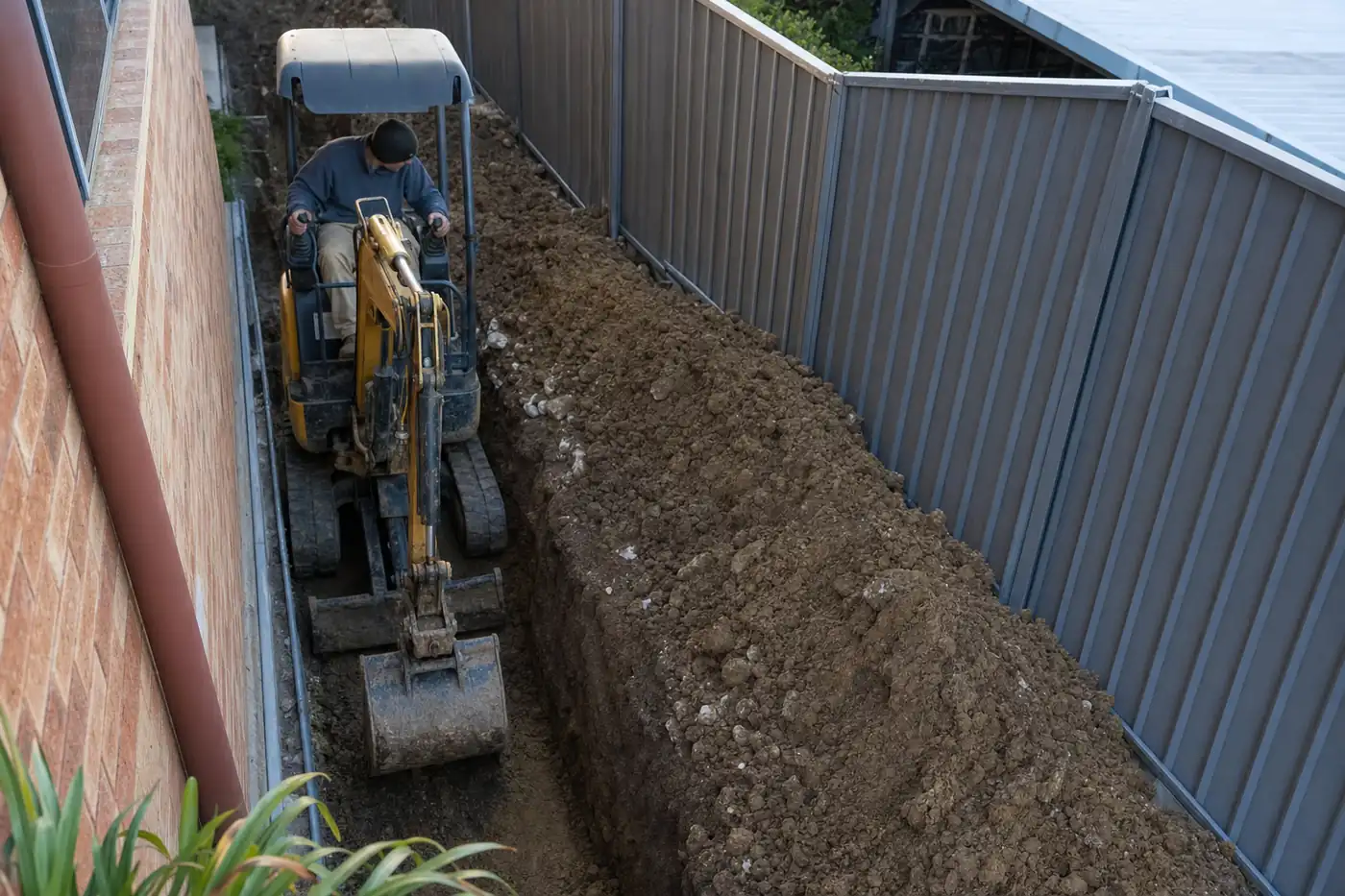 Mini excavator working a service trench down the side of a Perth house