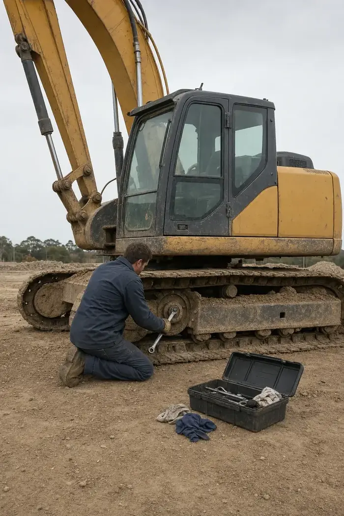 Mobile plant mechanic working on the track frame of an excavator on a Perth site