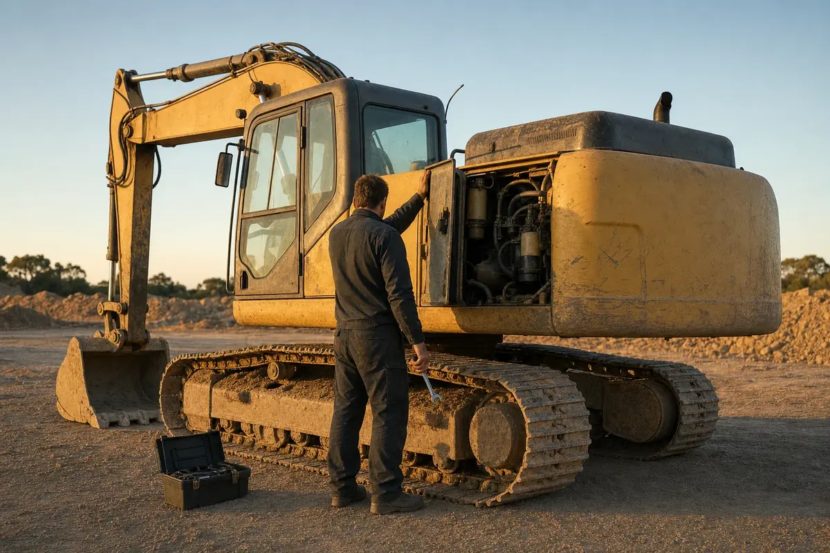 Service ute parked beside a tracked excavator on a Perth site with the engine panel open