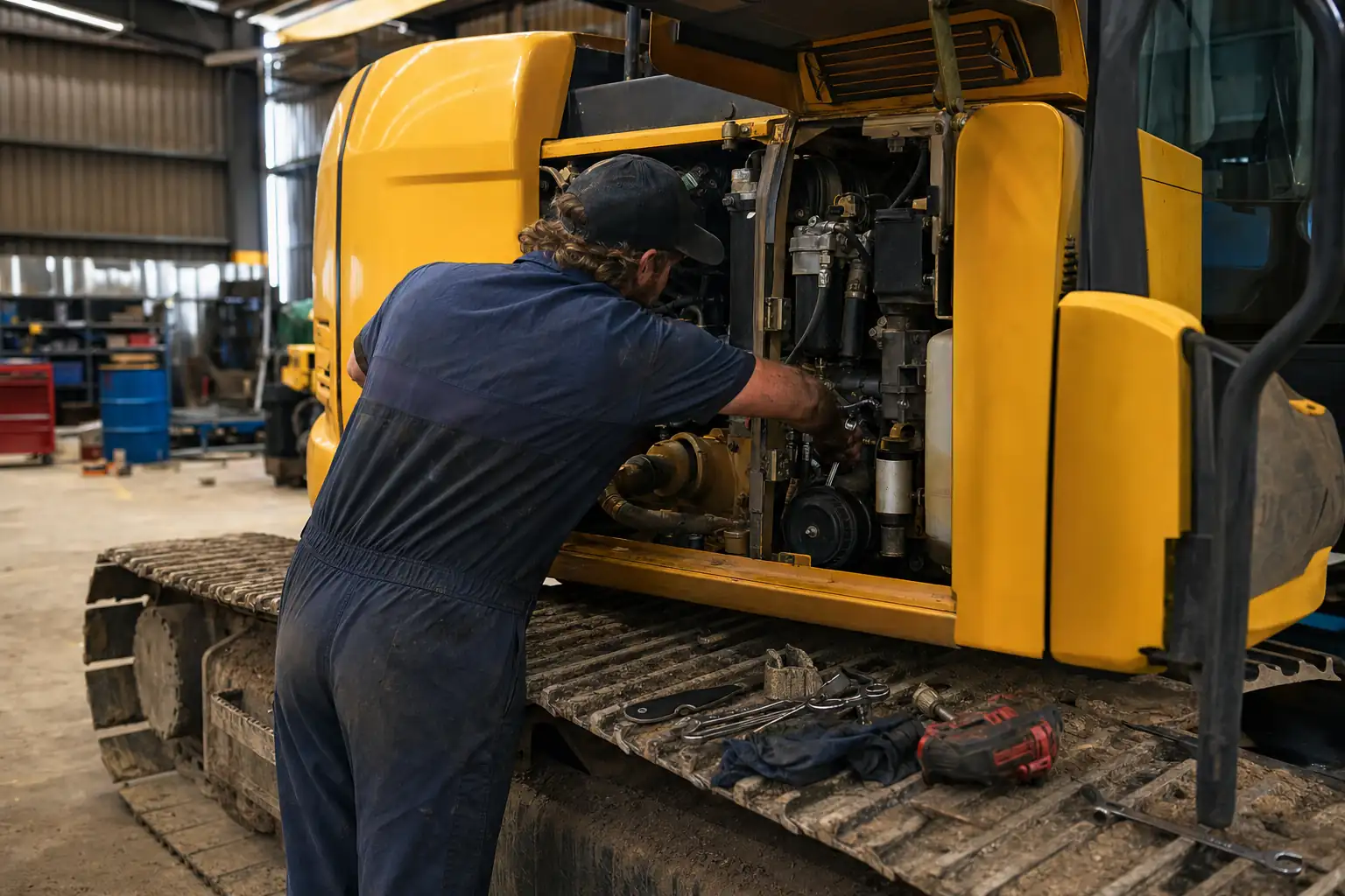 Plant mechanic working in the open engine bay of a tracked excavator