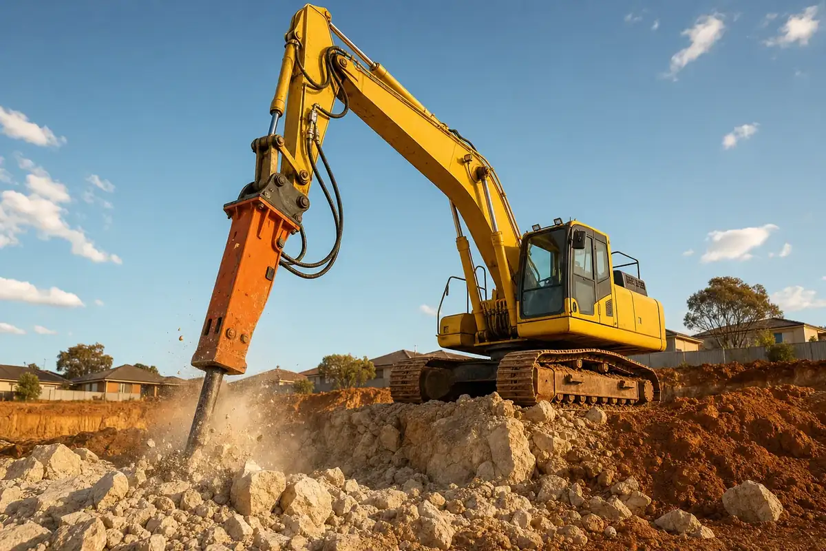 Komatsu excavator with hydraulic rock breaker attachment breaking limestone on a Perth site