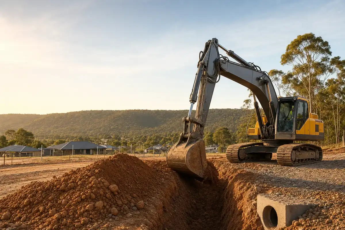 Excavator digging a drainage trench on a residential site in Byford, southeast Perth
