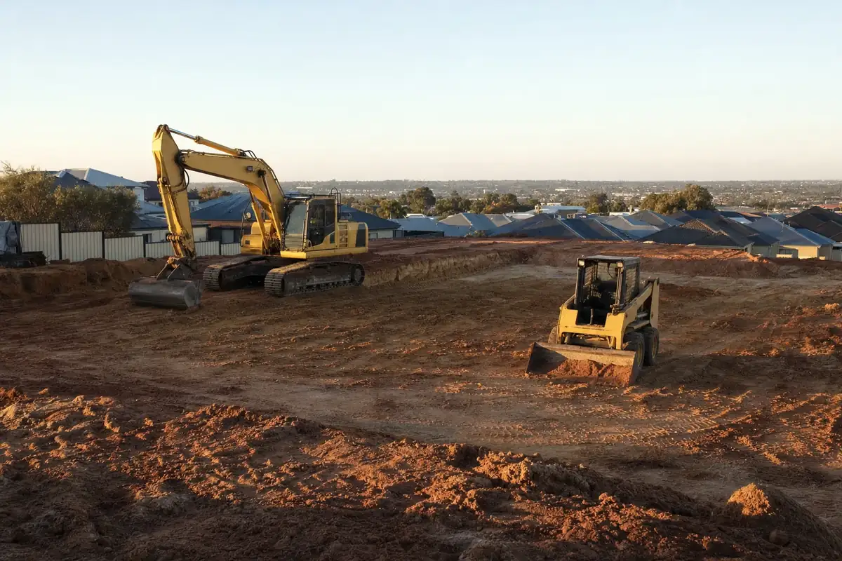 Komatsu excavator cutting a house pad on a Perth residential block - excavation earthworks
