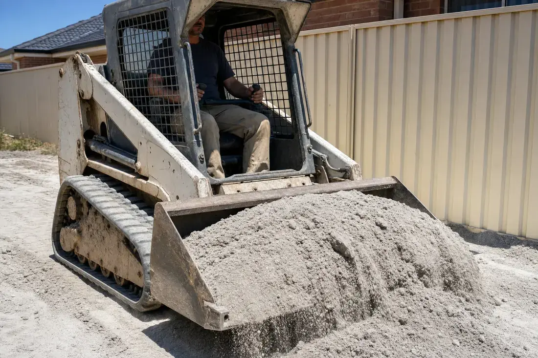 Skid steer hire Perth - tracked loader with a 4-in-1 bucket on a sand pad