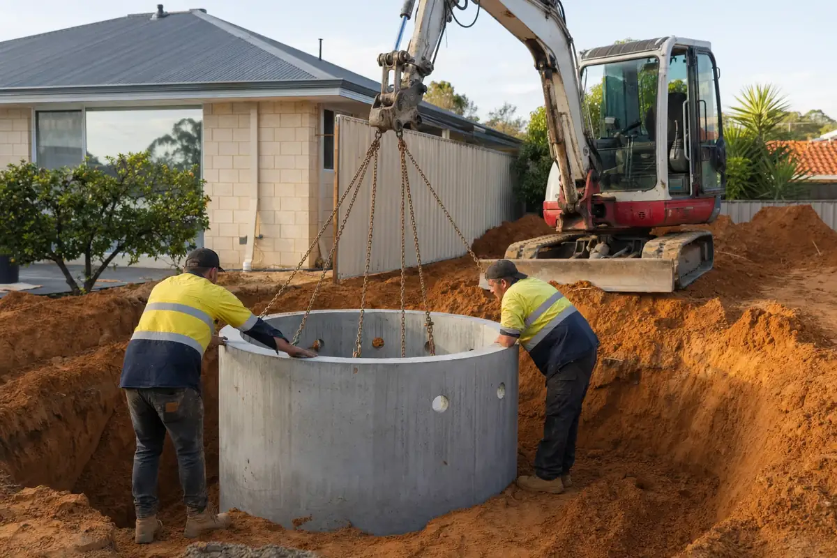 Komatsu mini excavator digging a soakwell pit on a Perth residential property