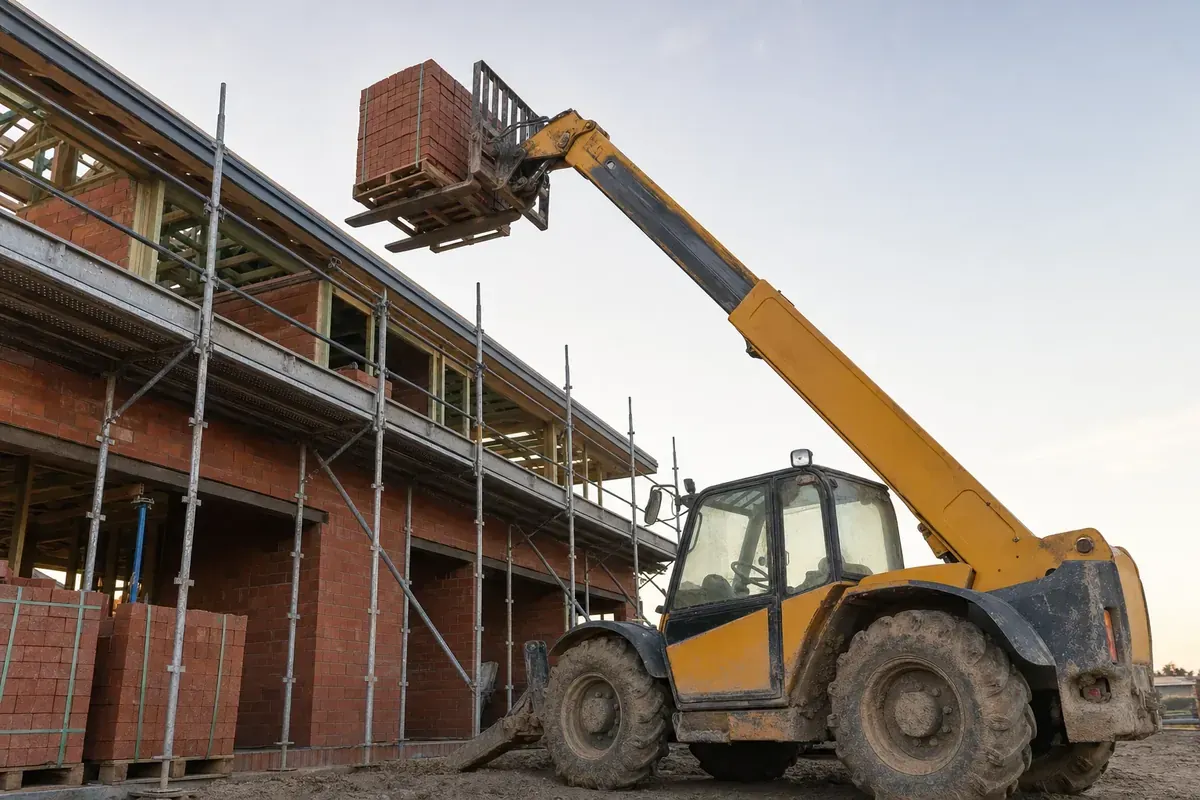 Telehandler hire Perth - telescopic handler lifting a pallet of bricks