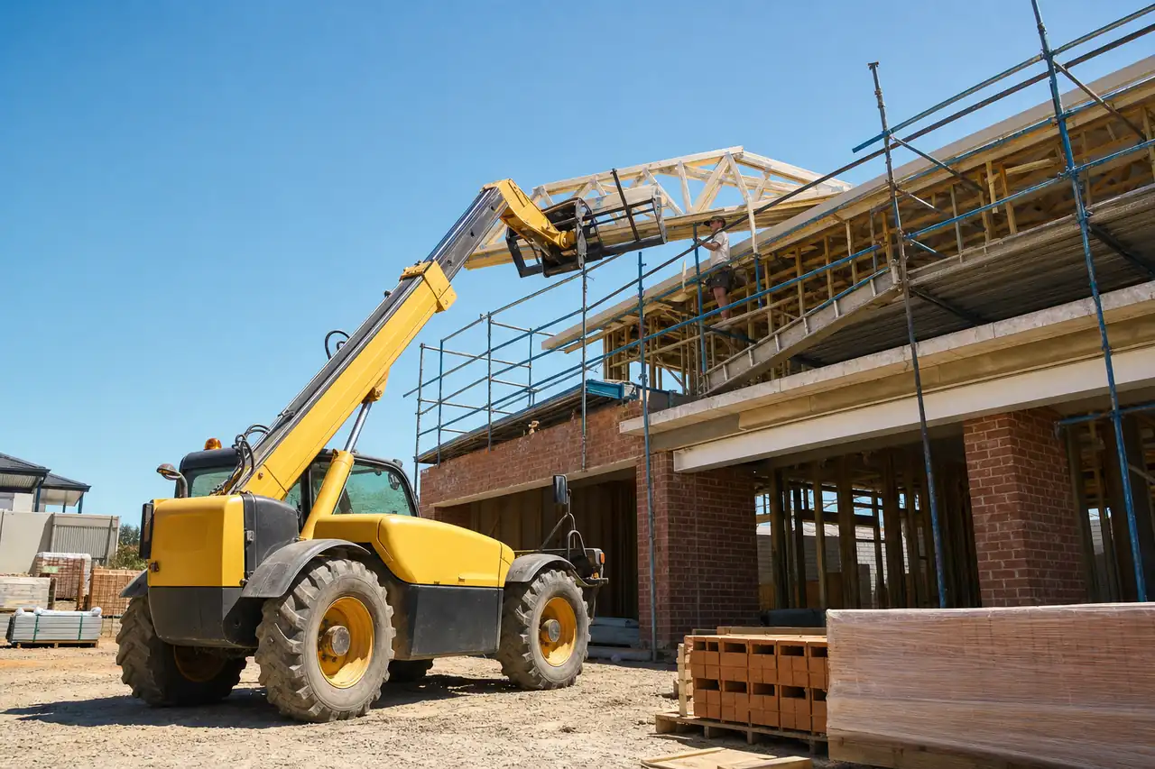 Telehandler placing a pack of roof trusses onto the first floor of a Perth build