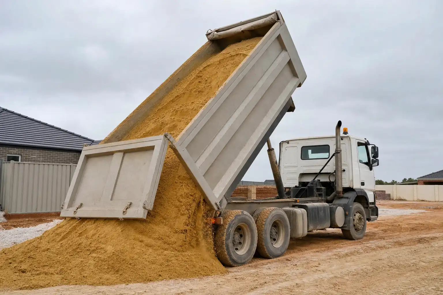 Tipper truck discharging clean yellow sand onto a Perth house pad