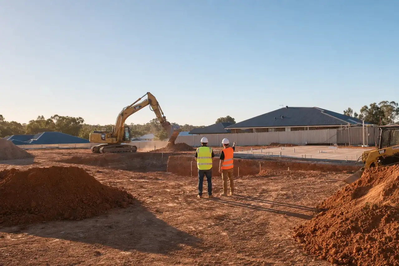 Perth earthworks job site with a Komatsu excavator and crew behind a wet hire inclusions checklist