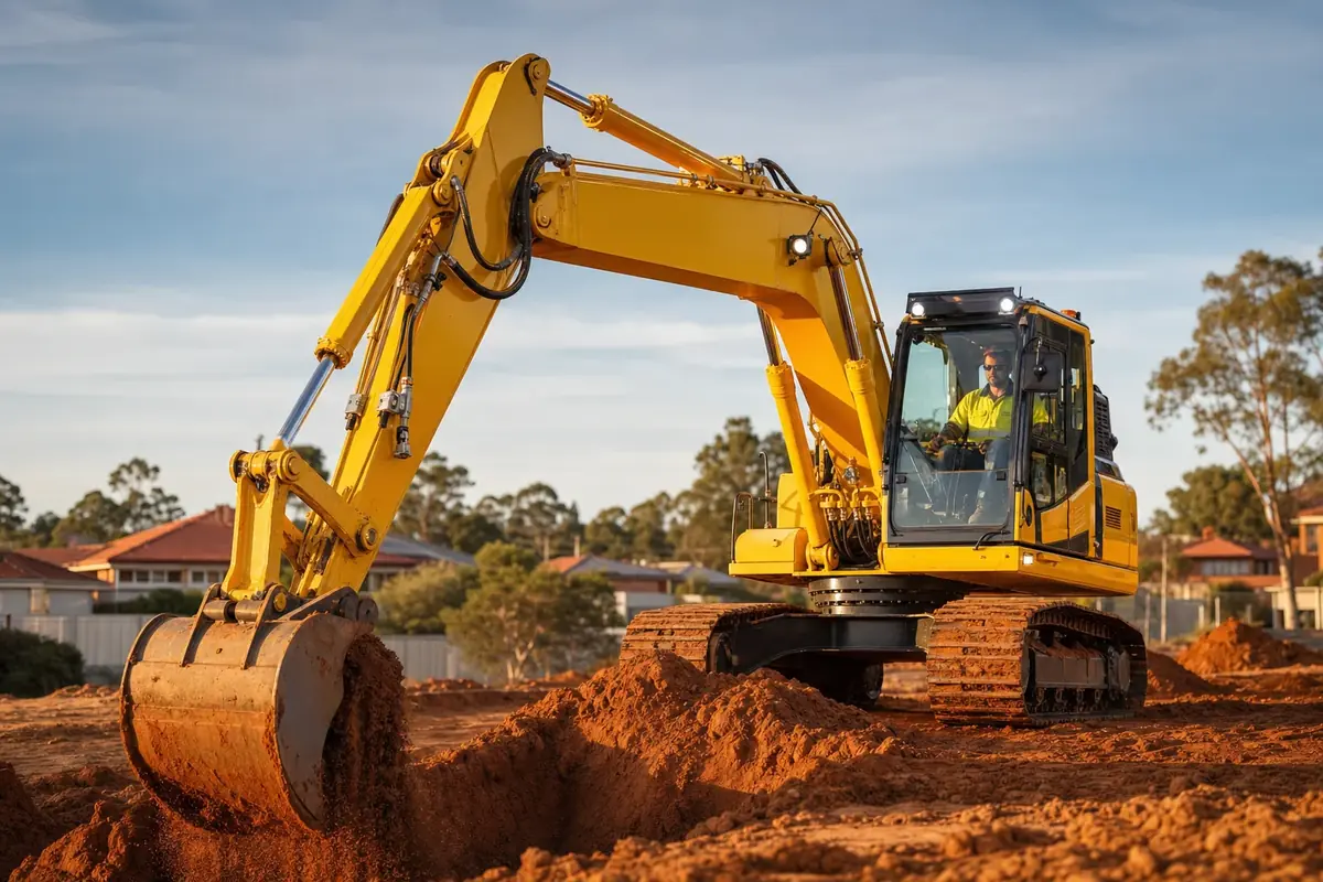 Komatsu excavator and operator on a Perth wet hire job digging a foundation trench